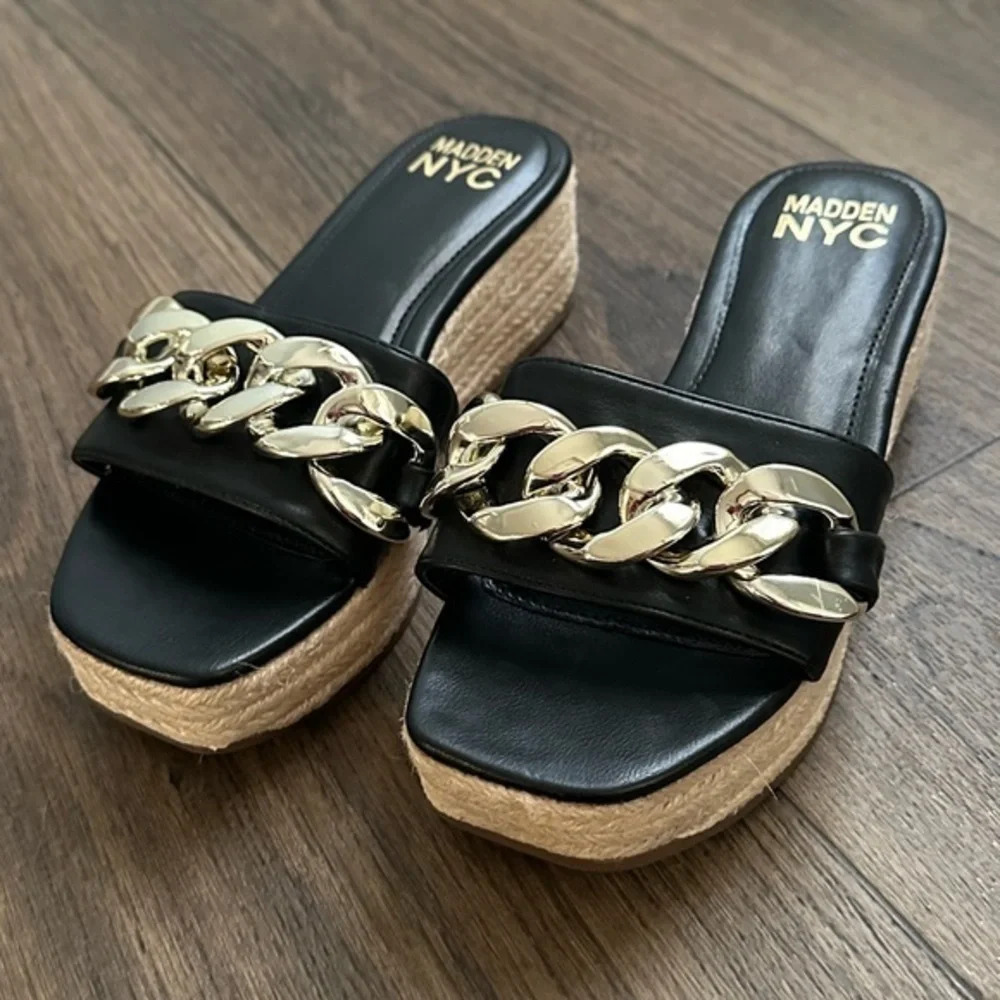 Madden‎ NYC Womens Chain Espadrille Shoes / Sandals / Slip On Slides Black Sz 6